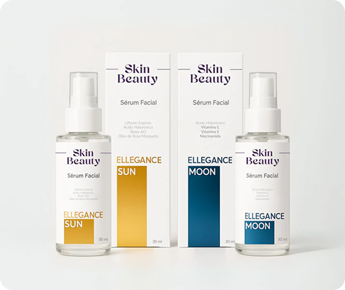 Dois sérum faciais Skin Beauty: Ellegance Sun (frasco dourado, uso diurno) e Ellegance Moon (frasco azul, uso noturno), exibidos ao lado de suas respectivas embalagens